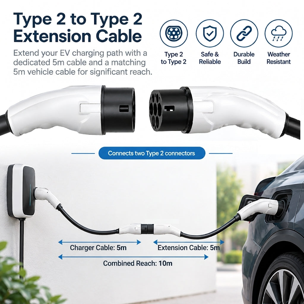 Type 2 to Type 2 Extension Cable 5m, 7kW (GCC/Type 2)